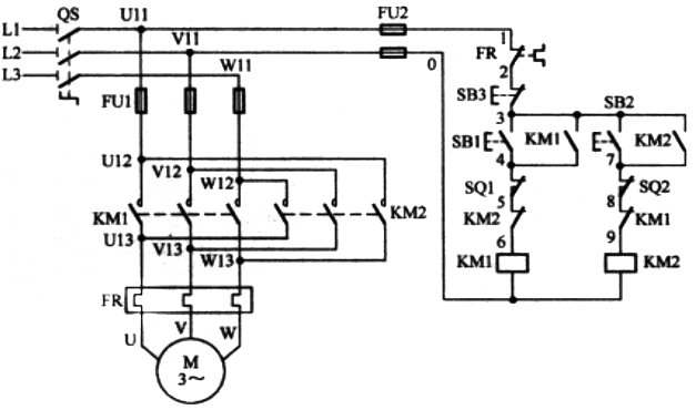 帶限位的接觸器連鎖正反轉(zhuǎn)控制電路